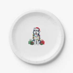 Xmas Lighting Santa Hat Alaskan Husky Dog Christma Paper Plate