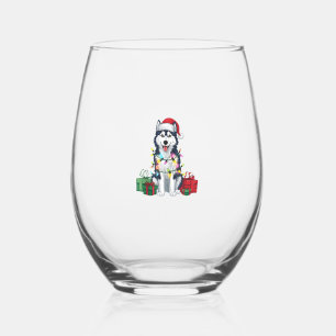 Xmas Lighting Santa Hat Alaskan Husky Dog Christma Stemless Wine Glass