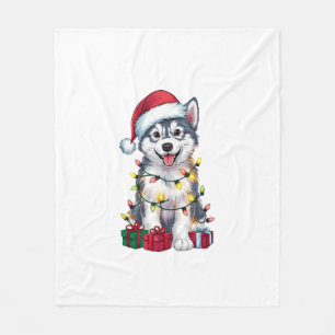Xmas Lighting Santa Hat Alaskan Malamute Dog Chris Fleece Blanket