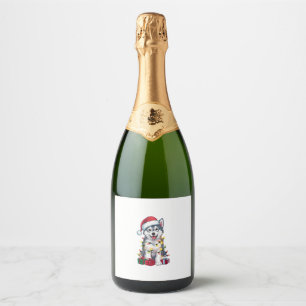 Xmas Lighting Santa Hat Alaskan Malamute Dog Chris Sparkling Wine Label