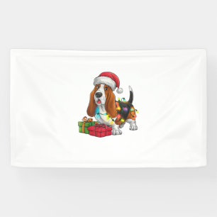Xmas Lighting Santa Hat Basset Hound Dog Christmas Banner