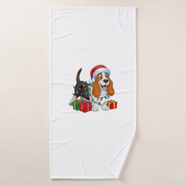 Xmas Lighting Santa Hat Basset Hound Dog Christmas Bath Towel (Bath Towel)
