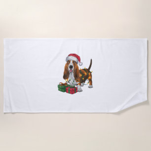Xmas Lighting Santa Hat Basset Hound Dog Christmas Beach Towel