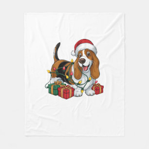 Xmas Lighting Santa Hat Basset Hound Dog Christmas Fleece Blanket