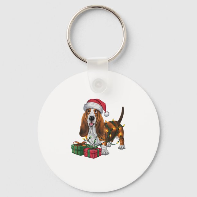 Xmas Lighting Santa Hat Basset Hound Dog Christmas Key Ring (Front)