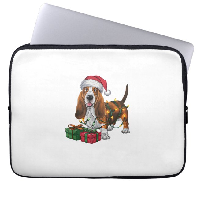 Xmas Lighting Santa Hat Basset Hound Dog Christmas Laptop Sleeve (Front)