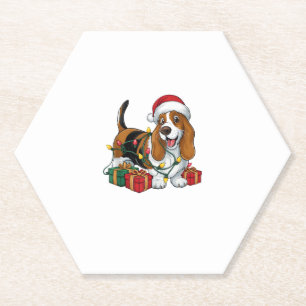 Xmas Lighting Santa Hat Basset Hound Dog Christmas Paper Coaster