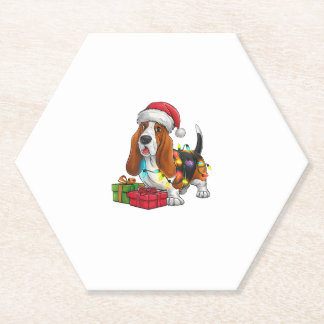 Xmas Lighting Santa Hat Basset Hound Dog Christmas Paper Coaster