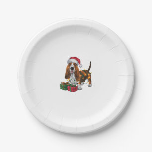 Xmas Lighting Santa Hat Basset Hound Dog Christmas Paper Plate