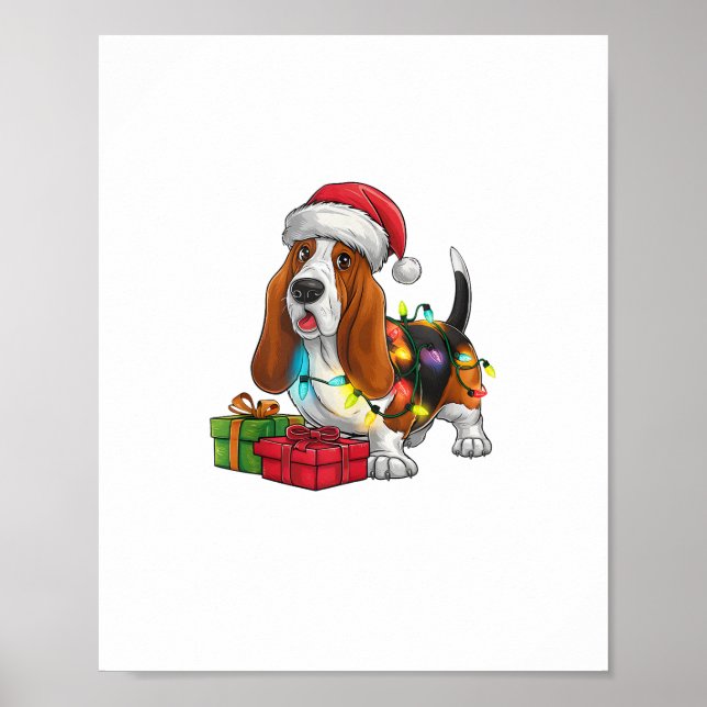 Xmas Lighting Santa Hat Basset Hound Dog Christmas Poster (Front)