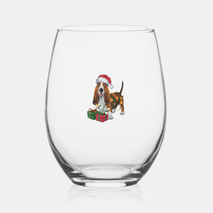 Xmas Lighting Santa Hat Basset Hound Dog Christmas Stemless Wine Glass