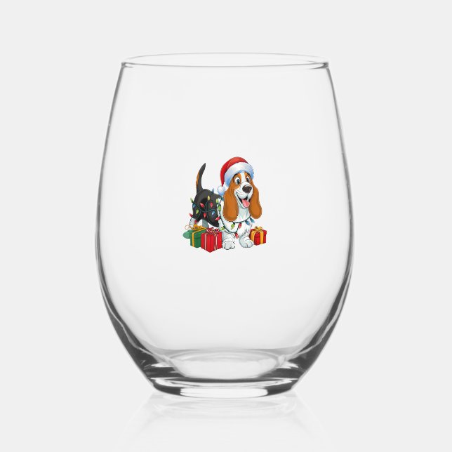 Xmas Lighting Santa Hat Basset Hound Dog Christmas Stemless Wine Glass (Front)
