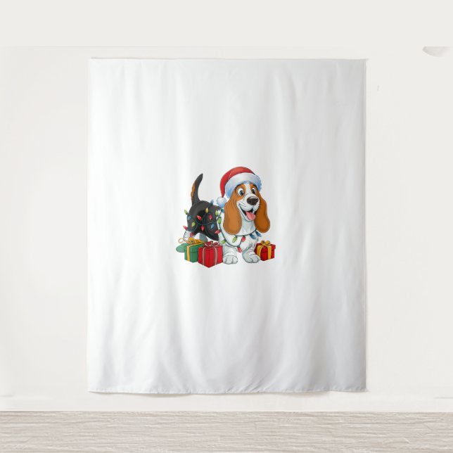 Xmas Lighting Santa Hat Basset Hound Dog Christmas Tapestry (Front)