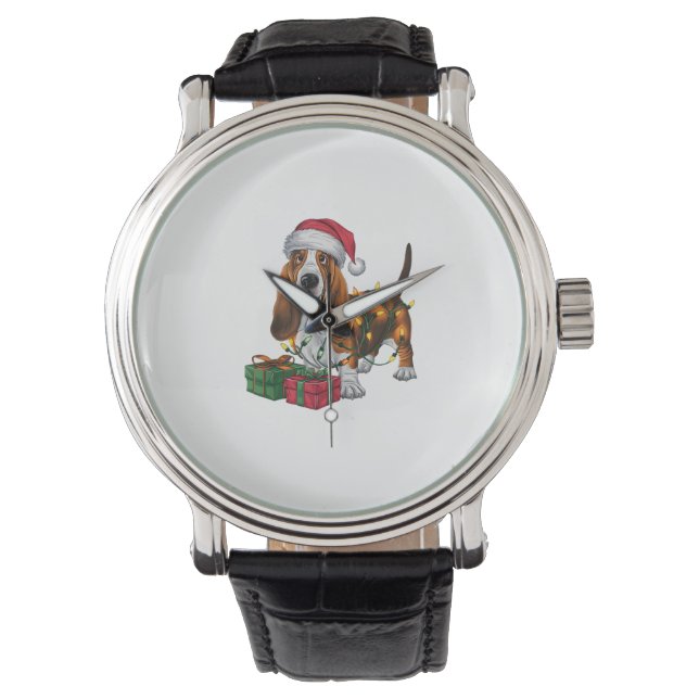 Xmas Lighting Santa Hat Basset Hound Dog Christmas Watch (Front)