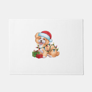 Xmas Lighting Santa Hat Bichon Frise Dog Christmas Doormat