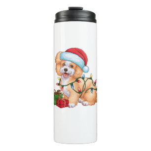 Xmas Lighting Santa Hat Bichon Frise Dog Christmas Thermal Tumbler