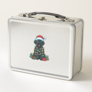 Xmas Lighting Santa Hat Black Golden Retriever Dog Metal Lunch Box