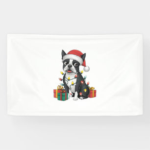 Xmas Lighting Santa Hat Boston Terrier Dog Christm Banner