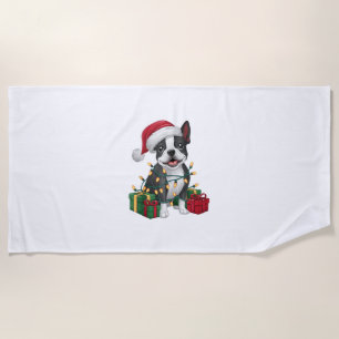 Xmas Lighting Santa Hat Boston Terrier Dog Christm Beach Towel