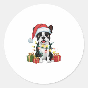 Xmas Lighting Santa Hat Boston Terrier Dog Christm Classic Round Sticker