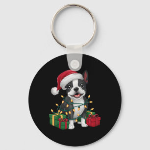 Xmas Lighting Santa Hat Boston Terrier Dog Christm Key Ring