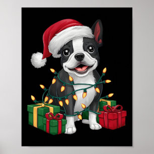 Xmas Lighting Santa Hat Boston Terrier Dog Christm Poster