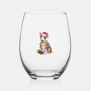 Xmas Lighting Santa Hat Bull Terrier Dog Christmas Stemless Wine Glass