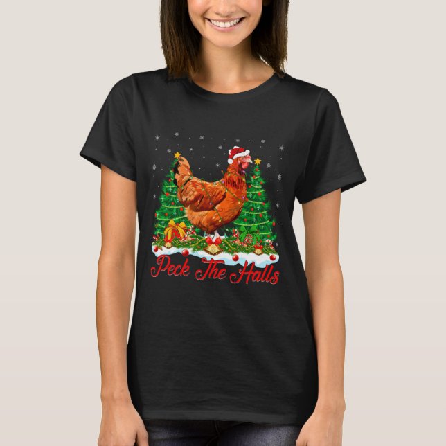 Xmas Lighting Santa Hat Chicken Christmas Tree  T-Shirt (Front)