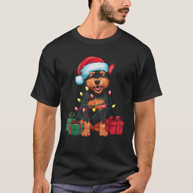Xmas Lighting Santa Hat Chinese Crested Dog Christ T-Shirt (Front)