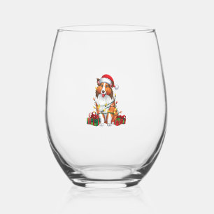 Xmas Lighting Santa Hat Collie Dog Christmas Stemless Wine Glass