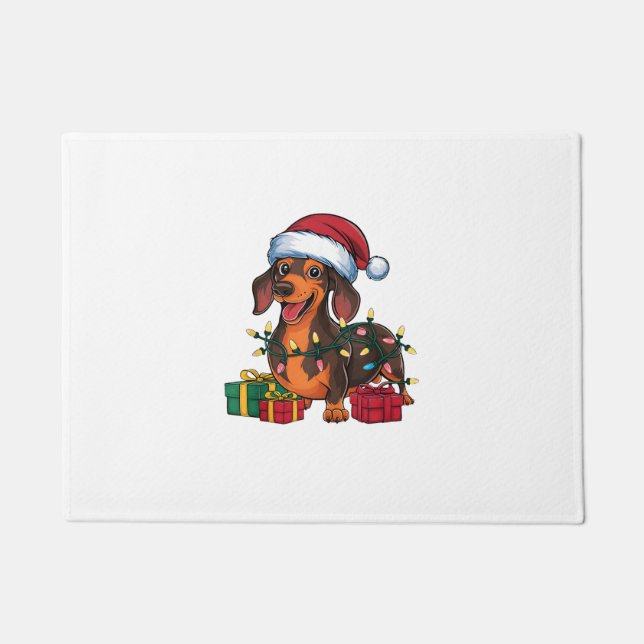 Xmas Lighting Santa Hat Dachshund Dog Christmas  Doormat (Front)