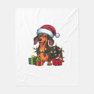 Xmas Lighting Santa Hat Dachshund Dog Christmas  Fleece Blanket