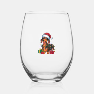 Xmas Lighting Santa Hat Dachshund Dog Christmas Stemless Wine Glass