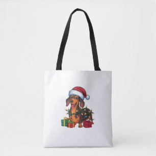 Xmas Lighting Santa Hat Dachshund Dog Christmas Tote Bag