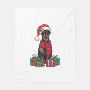 Xmas Lighting Santa Hat Doberman Dog Christmas  Fleece Blanket