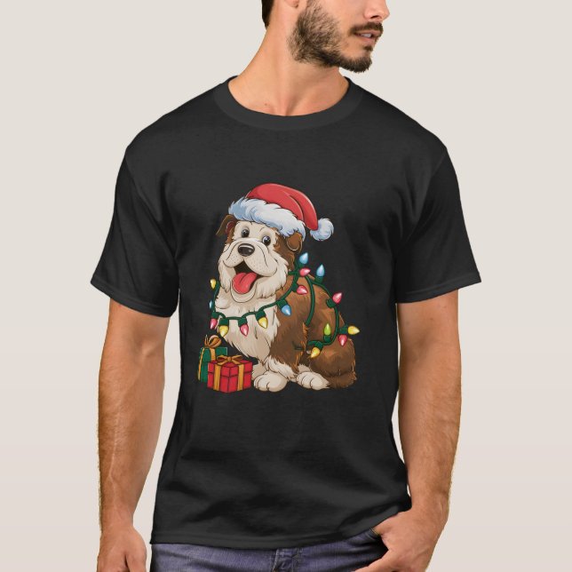 Xmas Lighting Santa Hat English Sheepdog Christmas T-Shirt (Front)
