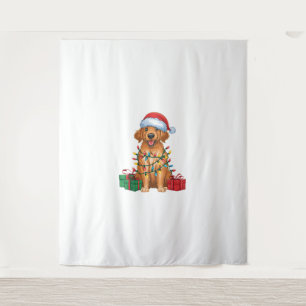 Xmas Lighting Santa Hat Flat Coated Retriever Dog  Tapestry