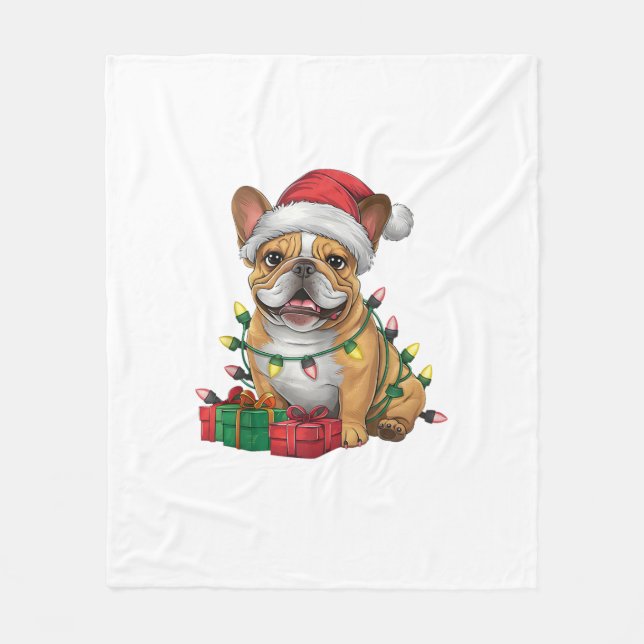 Xmas Lighting Santa Hat French Bulldog Christmas _ Fleece Blanket (Front)