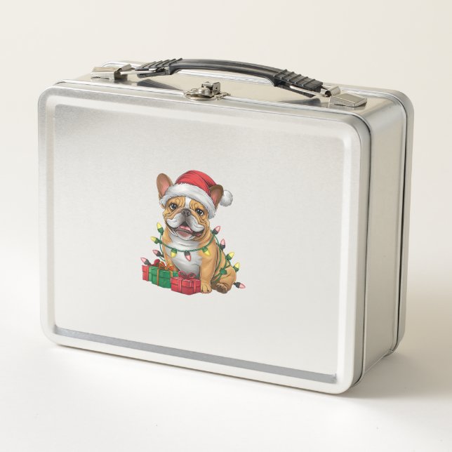 Xmas Lighting Santa Hat French Bulldog Christmas _ Metal Lunch Box (Front)