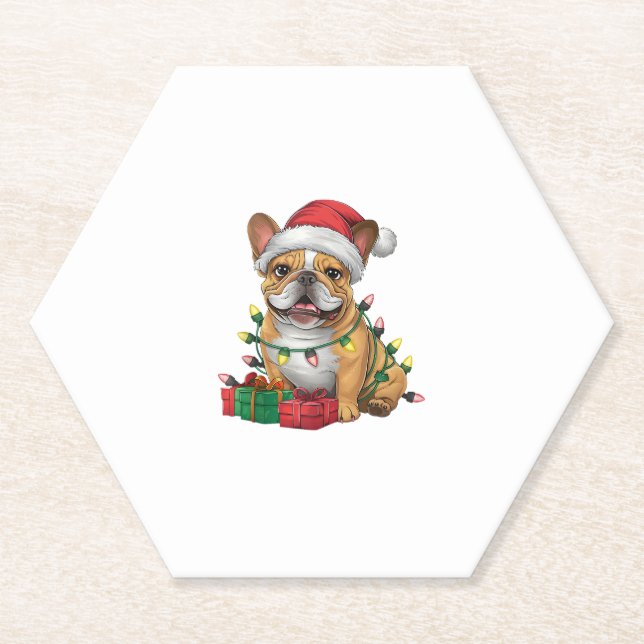 Xmas Lighting Santa Hat French Bulldog Christmas _ Paper Coaster (Front)