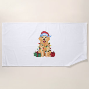 Xmas Lighting Santa Hat Golden Retriever Dog Chris Beach Towel