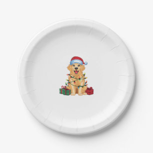 Xmas Lighting Santa Hat Golden Retriever Dog Chris Paper Plate
