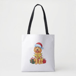 Xmas Lighting Santa Hat Goldendoodle Dog Christmas Tote Bag