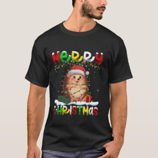 Xmas Lighting Santa Hat Hedgehog Merry Christmas T T-Shirt