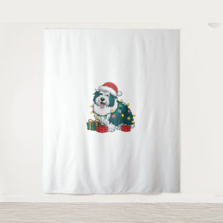 Xmas Lighting Santa Hat Icelandic Sheepdog Christm Tapestry