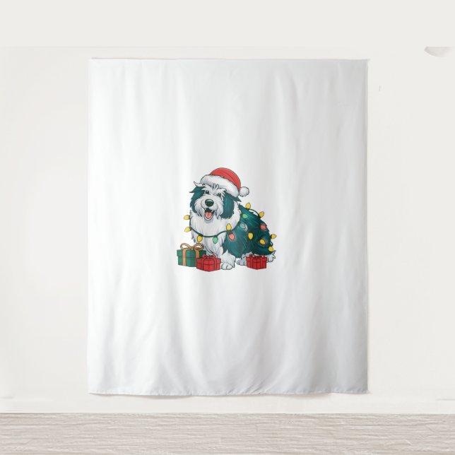 Xmas Lighting Santa Hat Icelandic Sheepdog Christm Tapestry (Front)