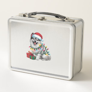 Xmas Lighting Santa Hat Japanese Spitz Dog Christm Metal Lunch Box