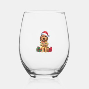 Xmas Lighting Santa Hat Labradoodle Dog Christmas Stemless Wine Glass