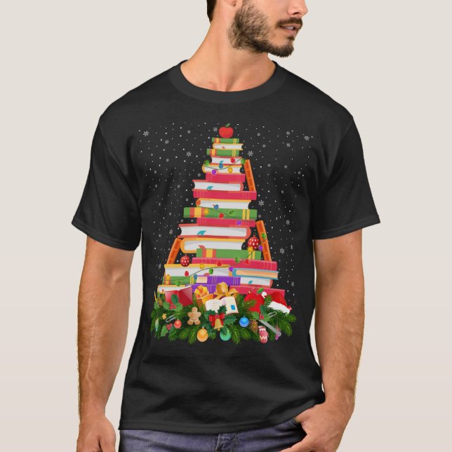 Xmas Lighting Santa Hat Librarian Book Christmas T T-Shirt (Front)