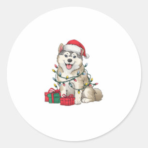 Xmas Lighting Santa Hat Malamute Dog Christmas _2 Classic Round Sticker